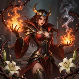 beautiful necromancer with fire and smoke magic, surrounded by thorns and lilies. attarctive face, anime key visual, highly detailed, sharp focus, concept art, league of legends, style by shumolly and monable and artgerm and greg rutkowski and zeronis and pilyeon and ruan jia