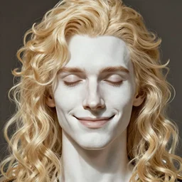 Blond pale white Lucius with closed eyes smiling, very detailed sharp angular masculine face, hooked nose and square jaw, long fluffy curly blond hair, light blond hair, clean shaven, gorgeous, beautiful, intricate, highly detailed, digital painting, artstation, concept art, sharp focus, illustration, art by greg rutkowski and alphonse mucha