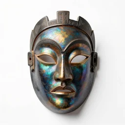 iridescent tribal mask, studio product photography, isolated on a pure white background, centered, entire object in frame, sharp focus, soft studio lighting