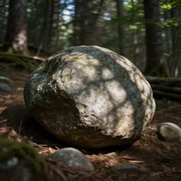 a round shaped rock rolling down in a forest, action photography motion blur