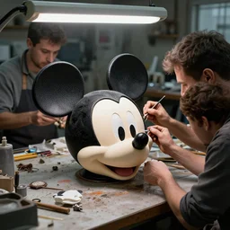 several workers in workshop repairing | mickey mouse head |, made by beeple, cgsociety, artgerm, greg rutkowski, highly detailed intricate 8 k art, low light cinematic, 2 4 mm lens, upper view close distance