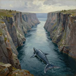 fjord, sea monster, a long, narrow, deep inlet of the sea between high cliffs, extremely detailed oil painting, sargent and leyendecker, savrasov levitan polenov, bruce pennington, tim hildebrandt, digital art, landscape painting, trending on artstation, masterpiece