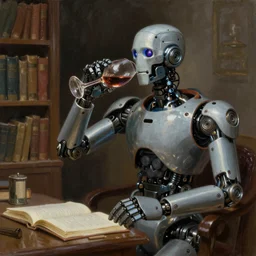an epic fantasy style painting of a mechanical robot librarian drinking wine, dynamic lighting, very detailed