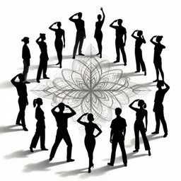 symmetry, multiple humans in solid silhouettes, saluting, dancing, interacting and posing, mooc, organic and intricate, elegant, highly detailed, concept art, sharp focus, illustration, high contrast, long shadows, painted with colour on white, 8 k
