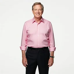jim rogers pops in pink shirt and black trousers, white background