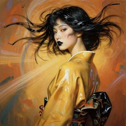 filmstill, over the shoulder, upper body, photography of asian girl model, highly detailed, alfonz mucha, black lips, black ribbons in the wind, latex kimono, warm colors, sculpture, volumetric light, lightbeams, art noveau style, neobrutalistic, liquid acrylic paint fluid, painted by monet and kandinski, photography, hypperrealistic, beautiful details, smooth illustration