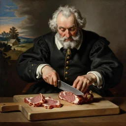 Colonel Sanders chops meat on a wooden chopping board. Painted by Caravaggio, high detail