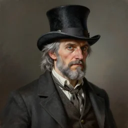 a grey hair ageing halfling with stubble top hat and suit by Greg Rutkowski, painting, HD, high details, trending on artstation