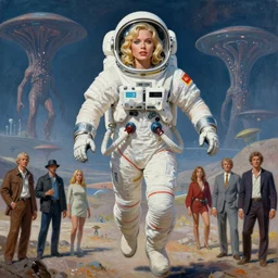a mixed media painting of one very beautiful blonde woman in a space suit fleeing from a distant colossus creature on an alien world, elegant, aesthetic!!! symmetrical face and eyes, sixties pinup, photorealistic, curvy, epic sci - fi character art, by frank frazetta, donato giancola, boris vallejo, greg rutkowski, christian macnevin