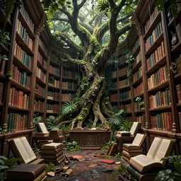 a decaying old library, a rainforest tree growing inside the library, magical books, highly detailed, intricate detail, mystical lighting, dramatic scenery, beautiful 3 d rendering, octane render, trending on artstation