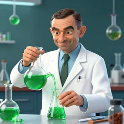 mr. bean depicted as a mad scientist, wearing a lab coat, mixing green acids, digital art, trending on artstation and unreal engine