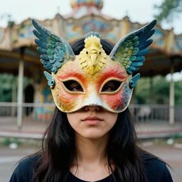 a closeup portrait of a woman wearing a mask made of birds, in an abandoned theme park, by omar z. robles, canon eos c 3 0 0, ƒ 1. 8, 3 5 mm, 8 k, medium - format print