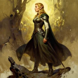 ray traced, scarlett johansson as a d & d elf from lotr, full body profile bt frank frazetta,