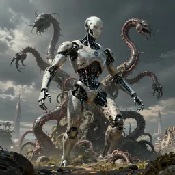 a cyborg mutating uncontrollably concept art in the style of dystopian surrealism