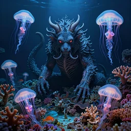 leviathan by zdzisław beksinski, ed binkley, and wayne barlow, bioluminescent, colorful coral reef, jellyfish, nightmare ai biodiversity, photorealistic ultrasharp hyperdetailed octane render, art forms from nature by ernst haeckel