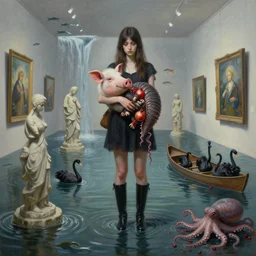painting of a tall emo girl in a flooded art gallery, holding a pig's head, an armadillo, pomegranates, octopus, art gallery, long black boots, flooded, stone sculptures, art on the walls, fish, zen, waterfall, black swans, canoe, berries, surrealist, by magritte and monet