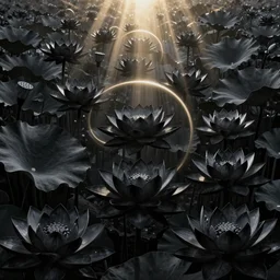 a beautiful and detailed picture of a field of black lotus flowers with petals in a fibonacci sequence, in the style of magic the gathering, highly detailed, digital painting, god rays, volumetric lighting, octane render, 4 k resolution, art by artgerm and greg rutkowski and alphonse mucha, masterpiece