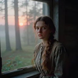 portrait bust of young woman, solemn expression, faded color film, russian cinema, tarkovsky, kodachrome, old cabin, next to window, heavy forest outside, long brown hair, old clothing, heavy fog, sunset, hudson river school, 4 k, dramatic lighting, greg rutkowski