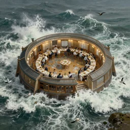 huge dining saloon flooding, waves crashing everywhere, bird's eye view, cinematic wide shot, high detail, realist painting