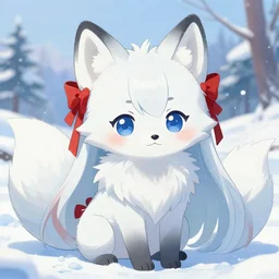 a cute anthropomorphic arctic fox girl anthro wearing red ribbons, winter park background, very anime!!! kawaii!! furry!! intricate details, aesthetically complementary colors, scenic background, art by rising artists with a radically new style. trending on artstation, top rated on pixiv and furaffinity