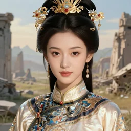 a lovely and shiny young empress of qing dynasty, face by artgerm, ross tran, fuji choko, loish, 8 k resolution, attractive, symmetrical portrait, beautifully detailed landscape of ruin, trending on pixiv and pinterest, charming black eyes, luxury, perfect face, smooth, dreamlike