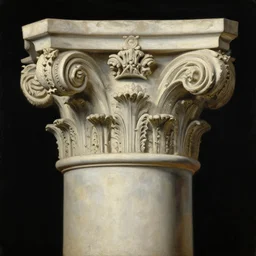 achingly beautiful painting of intricate ancient roman corinthian capital on black background by rene magritte, monet, and turner. giovanni battista piranesi.