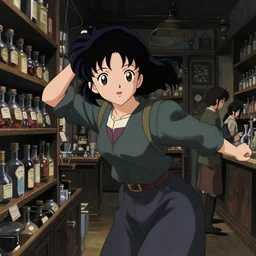 anime visual, dark portrait of a young female traveler in a alchemist's potion shop interior shopping, low light, cute face by ilya kuvshinov, yoh yoshinari, makoto shinkai, katsura masakazu, dynamic pose, dynamic perspective, cel shaded, flat shading mucha, crisp and sharp, rounded eyes, moody, detailed facial features, 8 0 s anime