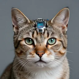 portrait photo of a cat with a cyberpunk implant in its head. extremely high detail.