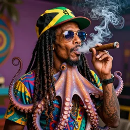 one octopus dressed as bob marley with a jamaican cap and dreadlocks, smoking a thick cigar, psychdelic multicolored, 8 k