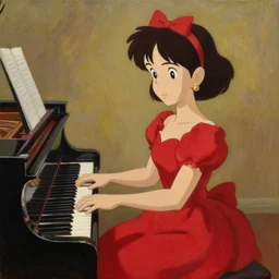 a Pianist musician wearing an elegant red dress playing the piano, oil painting of an anime figurine caricature, featured on Wallace and Gromit by Studio Ghibli