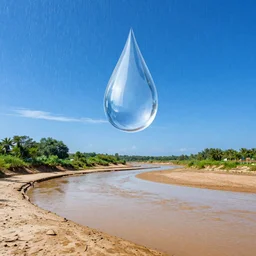 Massive raindrops floating over dried up river, sunny weather, perfect blue sky saturated colors, hyper detailed photorealistic