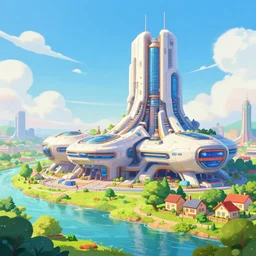 cartoon of an advanced nuclear sci - fi building next to a river and trees and pretty houses, a sense of optimism, intricate, colourful, happy, high res, 4 k