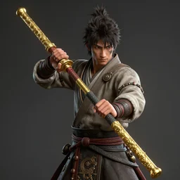 an ancient japanese golden fighting bo staff, Unreal 5, DAZ, hyperrealistic, octane render, RPG portrait, dynamic lighting