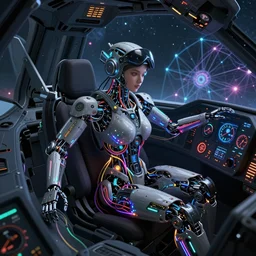 dark aeronautical theme : a full female body of mechanical beautiful girl robot fighter pilot is piloting while all her parts are connected by luminous intricate organic and colorful electric cables and wires and fibers to the jet cockpit with dials and lights and gauges and radar, experiencing the quantum field cinematic highly detailed realistic beautiful cosmic neural network octane render unreal