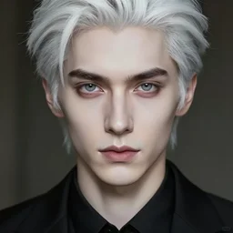 portrait of 4 0 - year - old man with white hair with a pale complexion, pointed face and grey eyes, clear smooth face, no beard wearing black suit, hyper realistic face, beautiful eyes, close up, fantasy art, in the style of greg rutkowski, intricate, alphonse mucha, hyper detailed, smooth