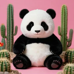 realistic studio portrait of a cute fluffy panda plushy in a cactus garden. surreal photograph, lo - fi, polished look, solid background, silly and serious, hermes ad, fashion photography, toiletpaper magazine by pierpaolo ferrari and maurizio cattelan, 3 5 mm photograph, colourful, canon eos c 3 0 0, 8 k, kodak film grain - n 4
