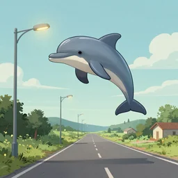 a study of cell shaded cartoon of a flying dolphin on a country road, street lamps, road, illustration, wide shot, subtle colors, post grunge, concept art by josan gonzales and wlop, by james jean, Victo ngai, David Rubín, Mike Mignola, Laurie Greasley, highly detailed, sharp focus, alien, Trending on Artstation, HQ, deviantart, art by artgem