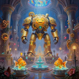 a minimalist bioluminescent oil painting by donato giancola, bulbous happy gears of war goldfish giant mecha god dinosaur temple altar, religious, cinematic scifi luxurious futuristic foggy steam filled spaceport shopping mall with microscopy stained glass pretty bulbous ceramic fountains, gigantic pillars and flowers, maschinen krieger, beeple, star trek, star wars, ilm, star citizen, mass effect, artstation, atmospheric perspective