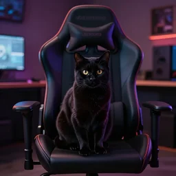 black cat on gaming chair, cinematic look, god lighting, 4 k majestic looking
