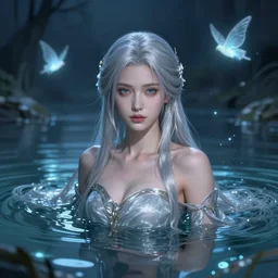 pretty portrait of a fantasy silver haired lady in a magical lake, half submerged in water, highly detailed, digital painting, artstation, night scene with glowing sprites, wlop concept art, smooth, sharp focus, illustration, art by dreadjim, craig mullins and greg rutkowski, 8 k