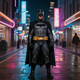 Batman standing on colorful illuminated futuristic street at night,photo realistic,Thomas Kinkade