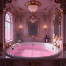 ornate vaporwave bath house indoors, pink water in a large bath, long shot, digital art, poolcore, liminal, artstation, concept art, weirdcore