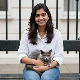 A young Indian businesswoman, sitting on a bench, smiling, wearing a white shirt and blue jeans, a British blue shorthair cat is curled up in her lap, London