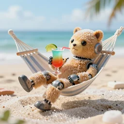5 5 mm close up photo of an life sized hybrid ( robot ) ( gummi bear ), reclining on a hammock, drinking a mai tai, at the beach, a beach made from sugar instead of sand. dof. bokeh. by chris foss. sharp focus, highly detailed 8 k. superior quality. lifelike. magical lighting, digital art.