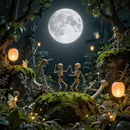 tiny skeleton people dancing on mossy rocks with fairies and fireflies by zdzislaw beksinski and hajime sorayama lush plants and spiky bones everywhere, big glowing moon, glowing paper lanterns, high fashion, mystical fantastic magic details, by james jean, hd, 8 k, trending on artstation, uhd