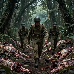 wwii american soldiers walking into a deserted camp full of rotting meat carcass in the middle of an eerie, dark jungle, highly detailed, creepy cinematic light deep focus, horror, smooth, sharp focus, golden ratio, dramatic illumination, ultra realistic, 4 k, detailed line art by katsuhiro otomo and enki bilal
