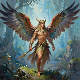 A male fairy druid with hawk wings, D&D Art, Fantasy, Vibrant, painting by Tyler Jacobson