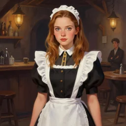 a portrait digital painting of molly ringwald as a medieval bar maid in a tavern at night. painted by artgerm, ross tran.