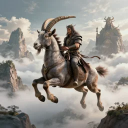 half man half goat on a flying horse, clouds, mountains, epic, geek gods, volumetric lighting
