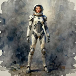 female, full body, wide shot, modern space suit, intriguing helmet, stylized character design, the expanse tv series, large shoulders, short torso, long thin legs, tiny feet, science fiction, hyperdetailed, technical suit, dieselpunk, watercolor digital painting, in the style of mike mignola, by alex maleev